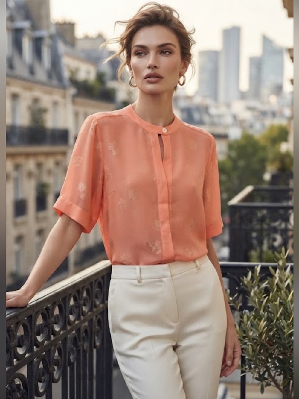 Karl Lagerfeld Couture Vintage Silk Jacquard Blouse Orange Short Sleeve Size 8